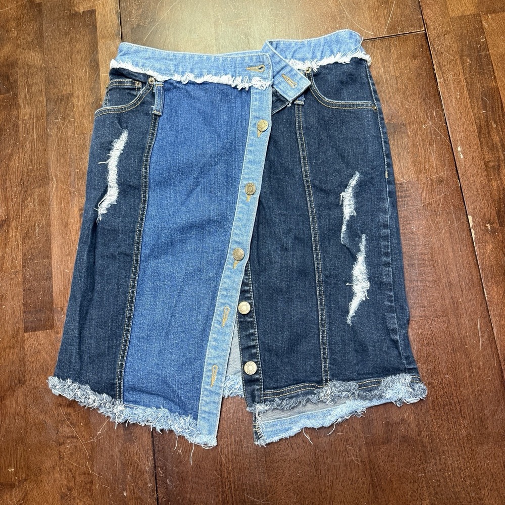 SJYP Womens Denim Patchwork Asymmetrical Fringe Pencil Skirt‎ Blue Size Medium